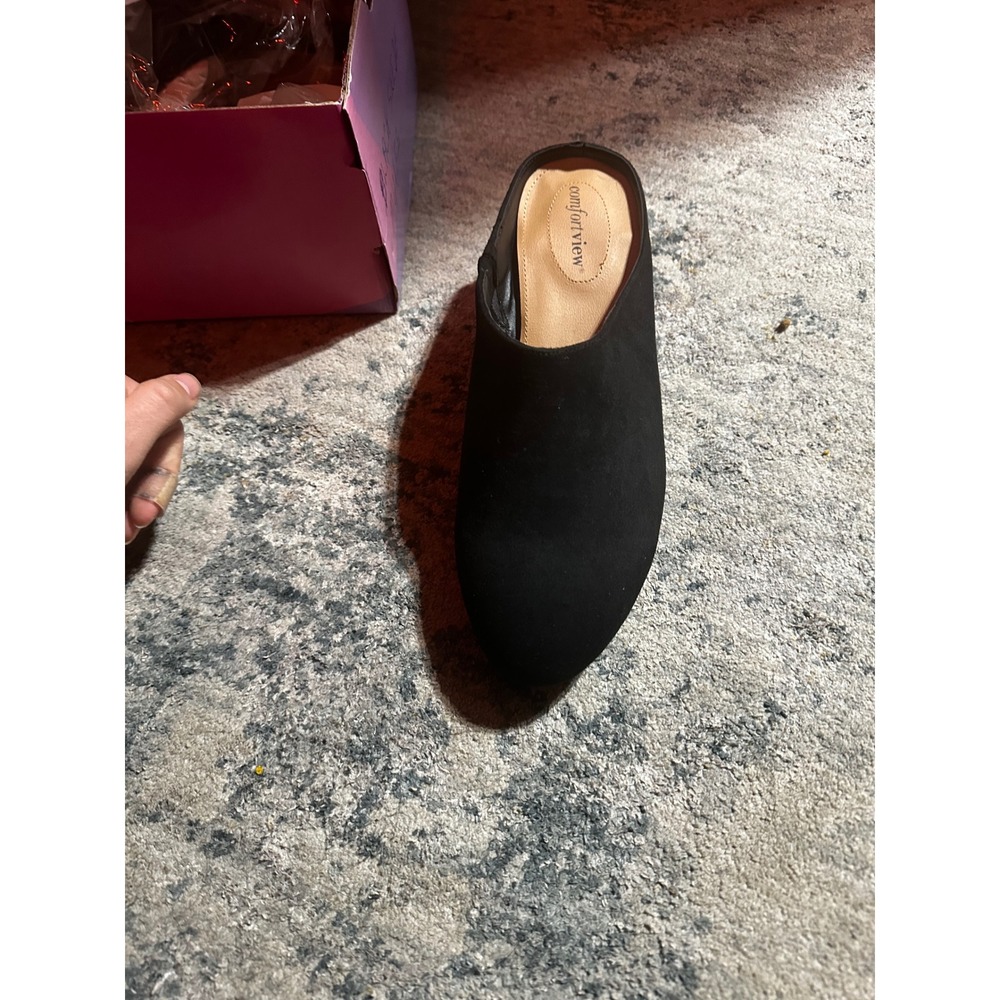 Comfortview Women Black Suede Slip On Mules Pointed Toe Block Heel Shoes